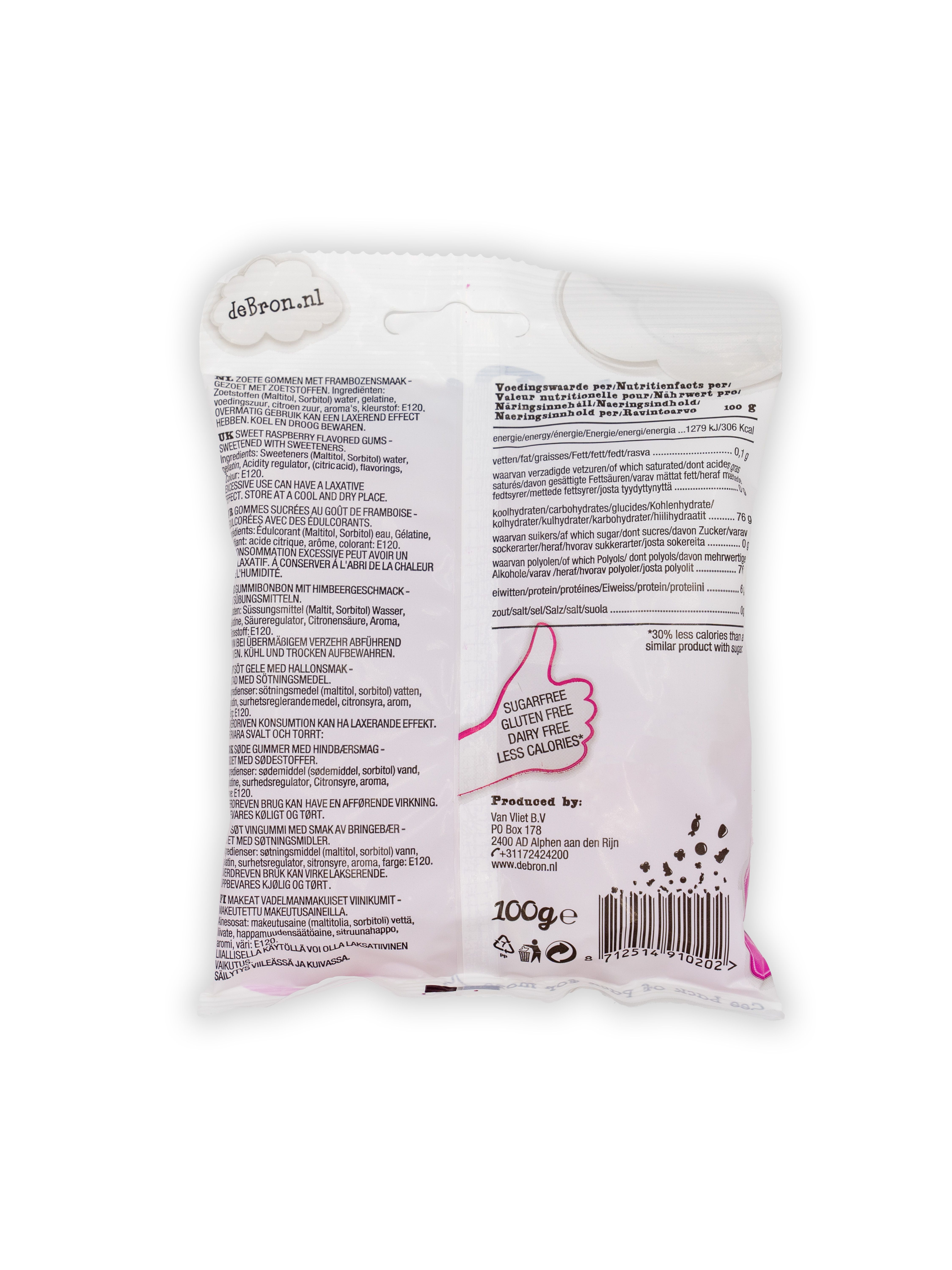 Rückseite der De Bron Gum Drops Verpackung. Text mit Nährwertangaben und Inhaltsstoffen.