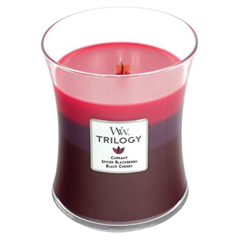 Dreifarbige Duftkerze im Glas. Etikett mit "WW Trilogy", "Currant Spiced Blackberry Black Cherry". Holzdocht sichtbar.