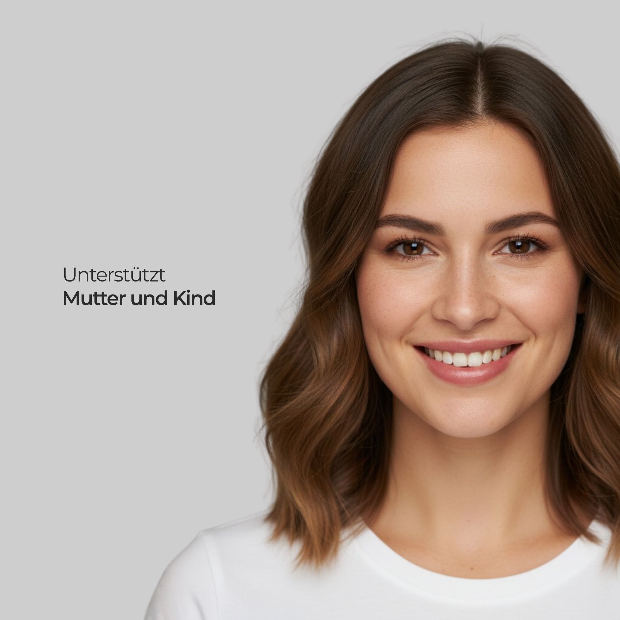 Porträt einer lächelnden Frau mit braunen Haaren. Text: Unterstützt Mutter und Kind.