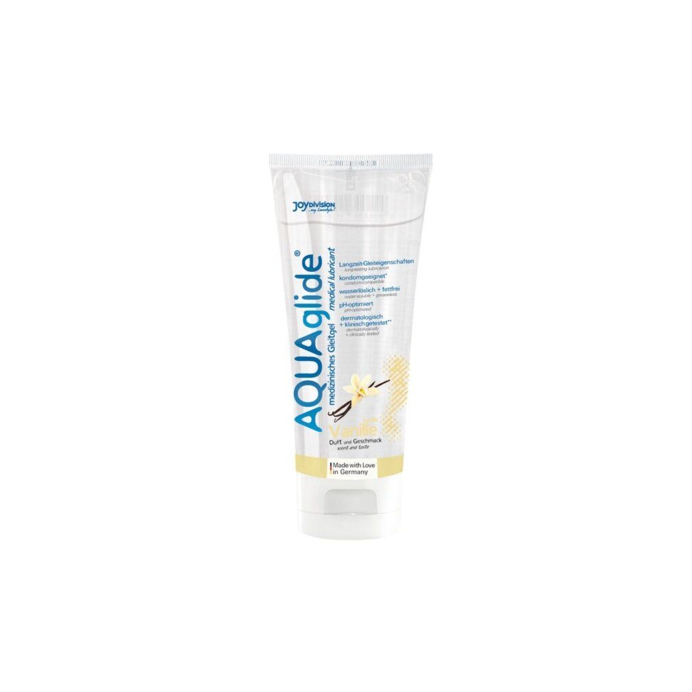 Medizinisches Gleitgel in Tube. Aufschrift AQUAglide, Vanille. Made in Germany.