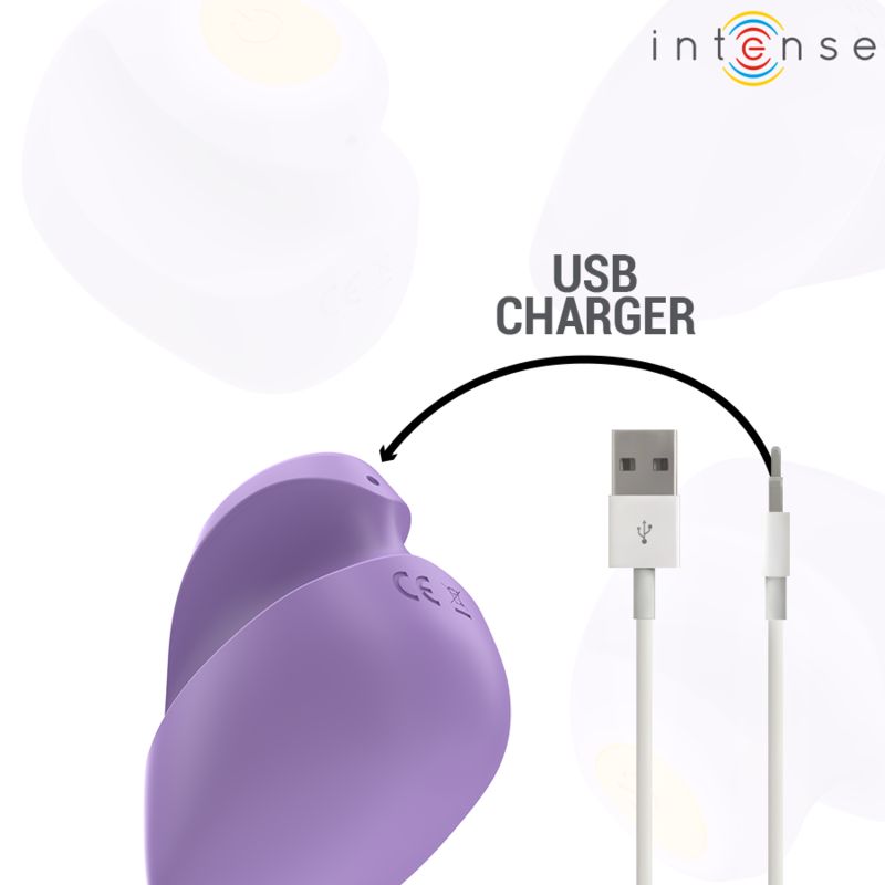 Lila Stimulator mit USB-Ladekabel. CE-Zeichen. Marke Intense.