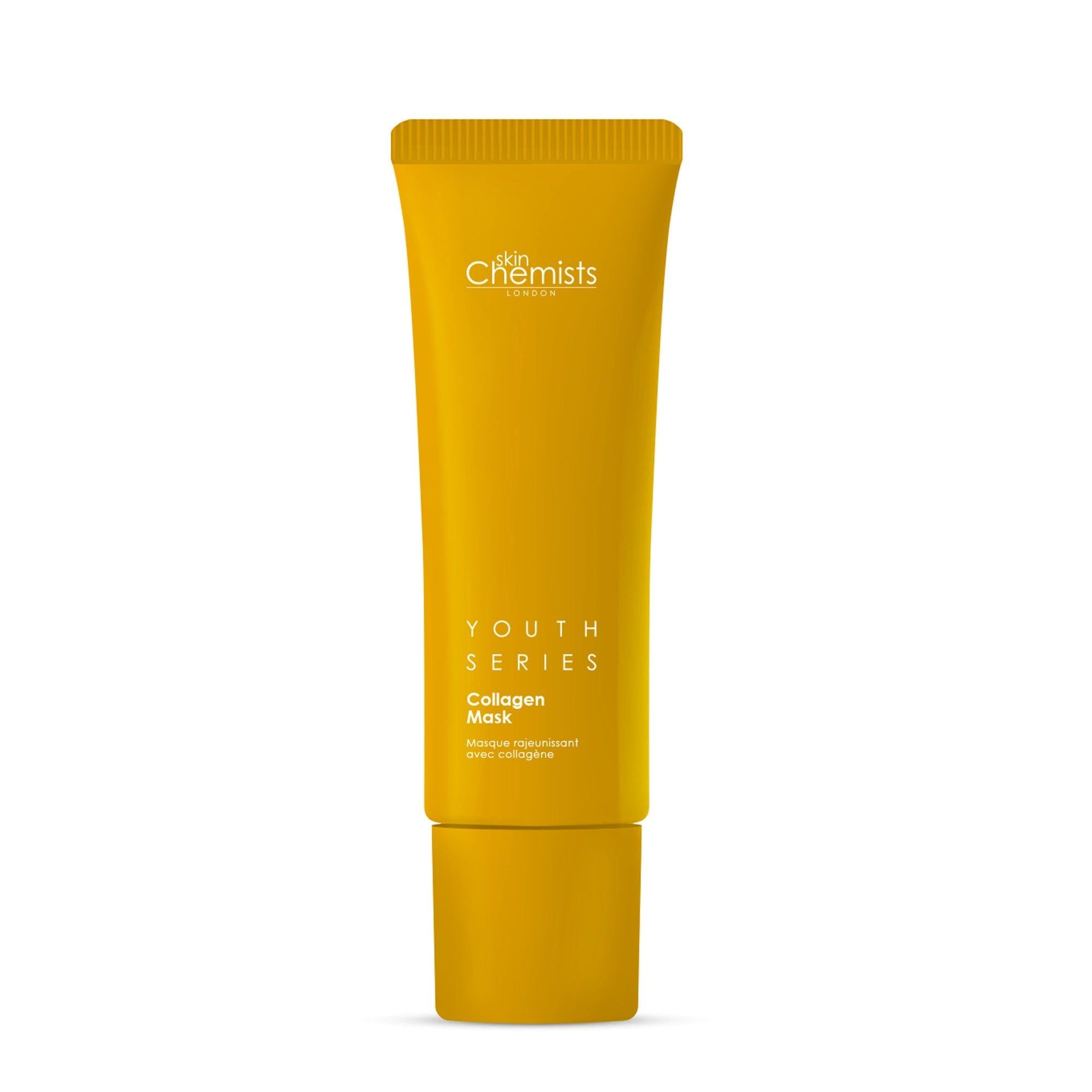 Gelbe Tube mit Produktnamen und Schriftzug. Aufschrift: SkinChemists, Youth Series Collagen Mask.