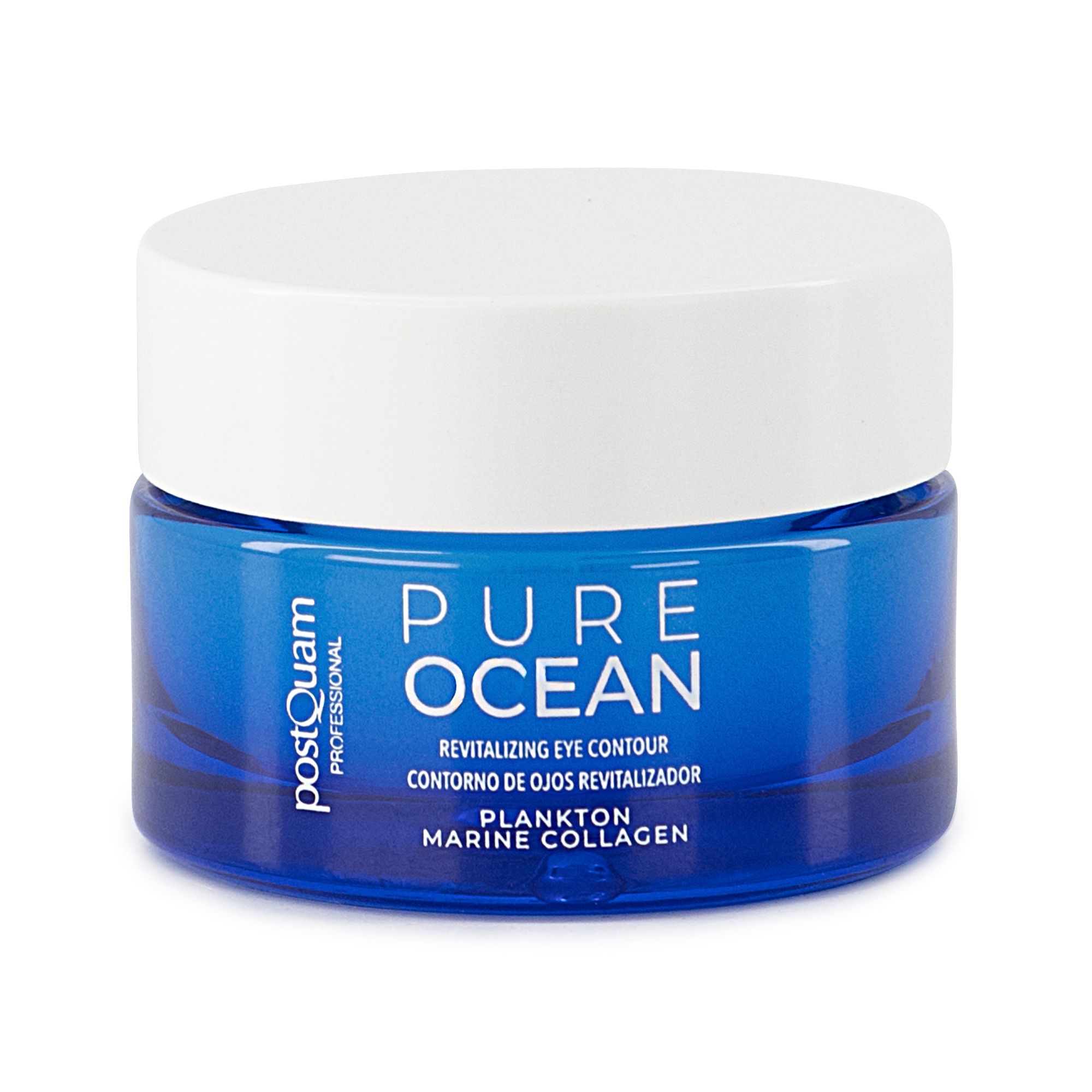 Blaue Glasdose mit weißem Deckel. Text: Pure Ocean, Revitalizing Eye Contour, Plankto Marine Collagen. PostQuam.