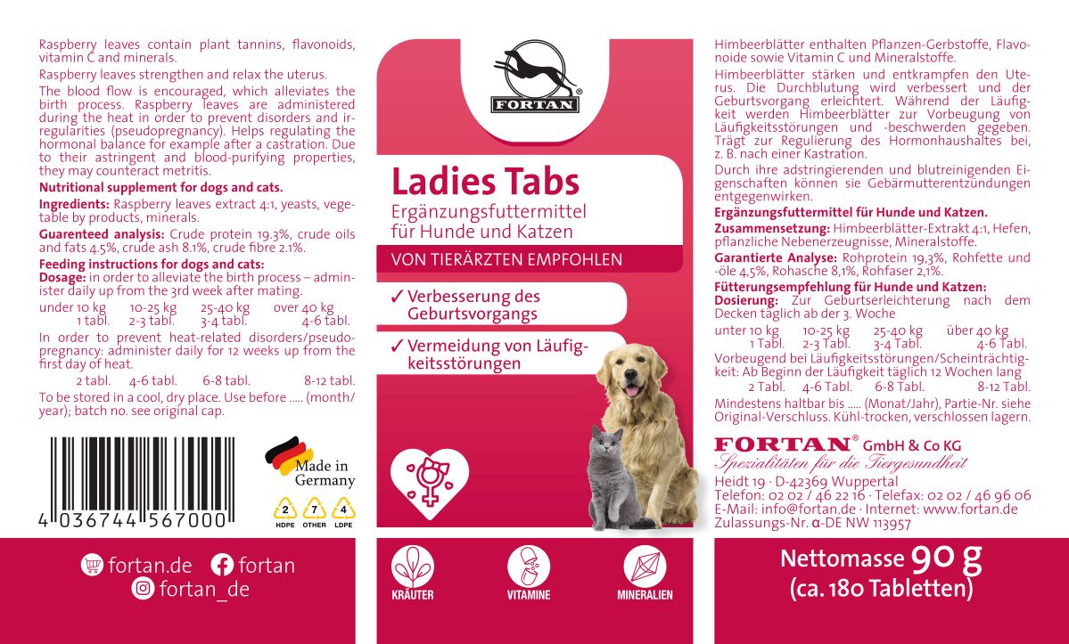 Etikett mit Produktinformationen. Aufschrift: FORTAN Ladies Tabs. Empfohlen von Tierärzten. Abbildung von Hund und Katze. 90g.