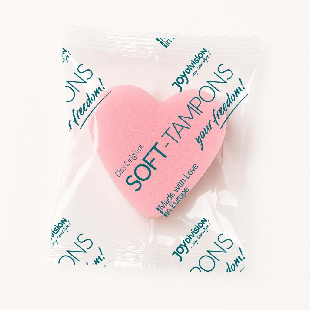 Einzeln verpackter, rosa Herz-Tampon mit JOYDIVISION Logo.
