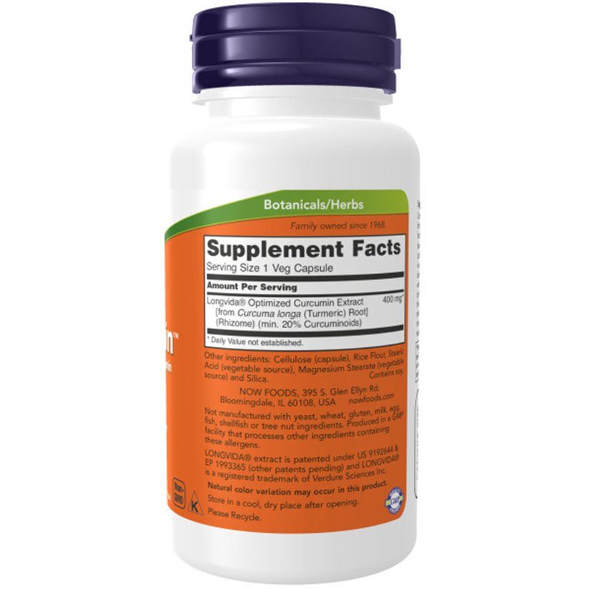 Rückseite der Flasche. Aufschrift: Supplement Facts. Zutatenliste. Now Foods Logo. Grün-orangefarbenes Etikett.