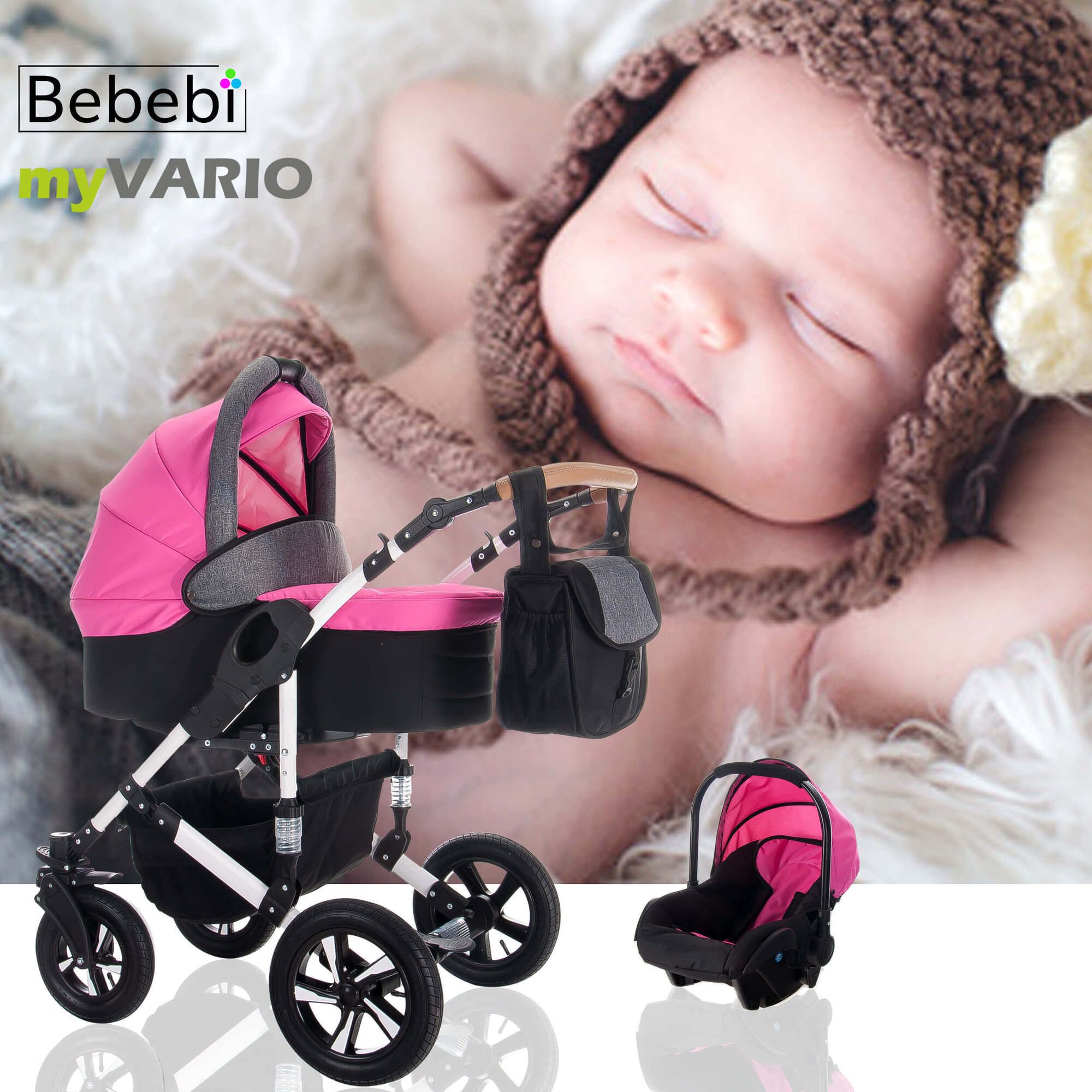 Bebebi myVARIO 4 in 1 Kinderwagen Set mit Original Maxi Cosi & FamilyFix Station, Luft myGirl