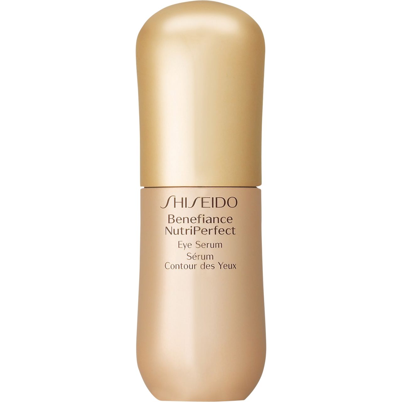 Goldfarbene Flasche mit Deckel. Beschriftung: Shiseido Benefiance NutriPerfect Eye Serum. Sérum Contour des Yeux.