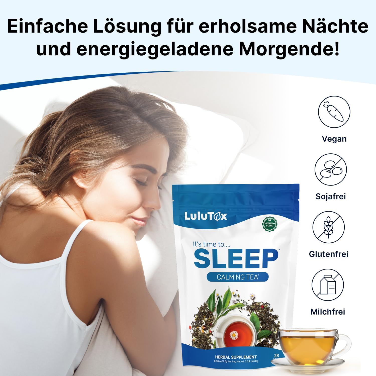 Frau schläft friedlich. Daneben Packung LULUTOX Gute Nacht Tee und Tasse Tee. Vegan, sojafrei, glutenfrei, milchfrei.