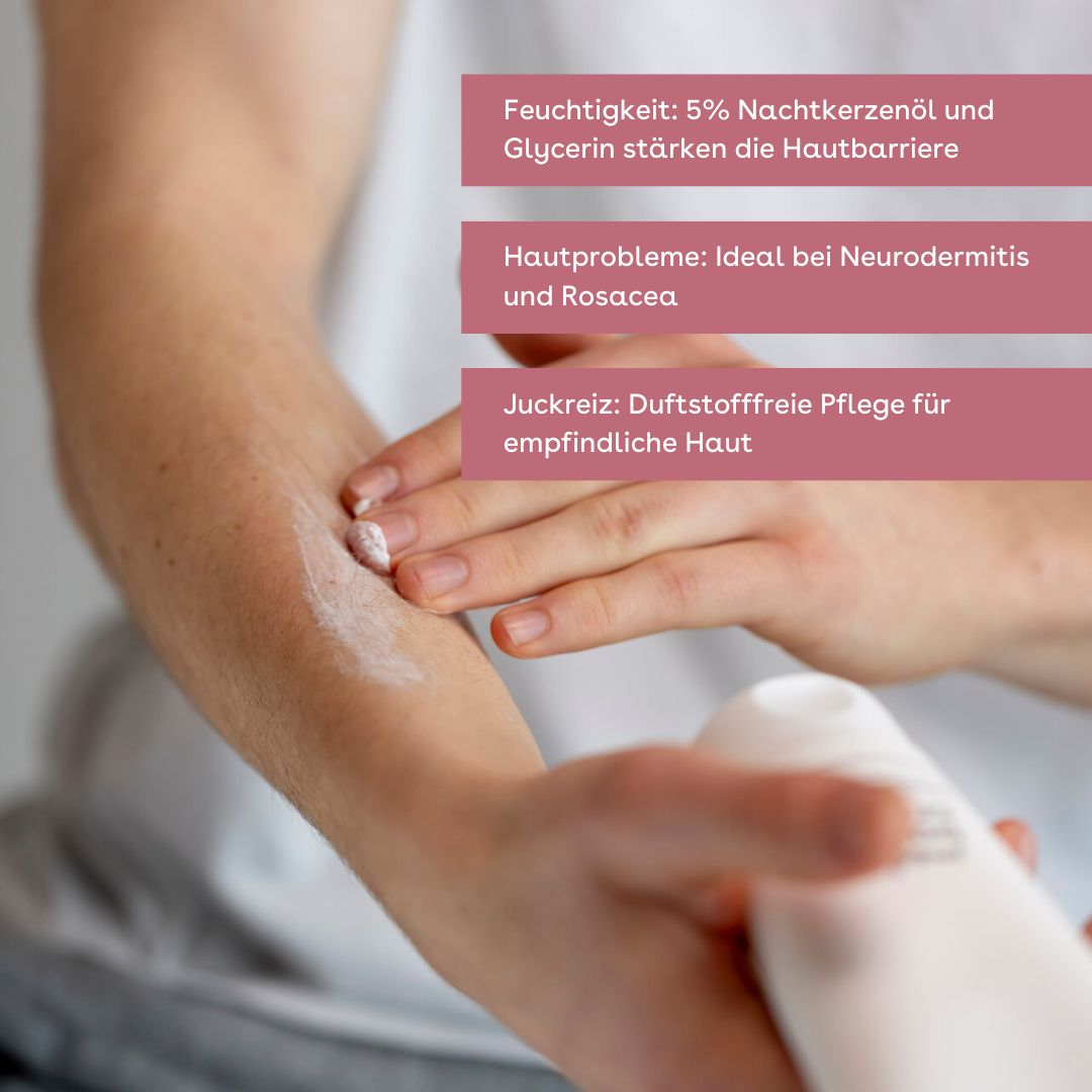 Text über Feuchtigkeit, Hautprobleme und Juckreiz. Feuchtigkeit: 5% Nachtkerzenöl. Hautprobleme: ideal bei Neurodermitis. Juckreiz: duftstofffrei.