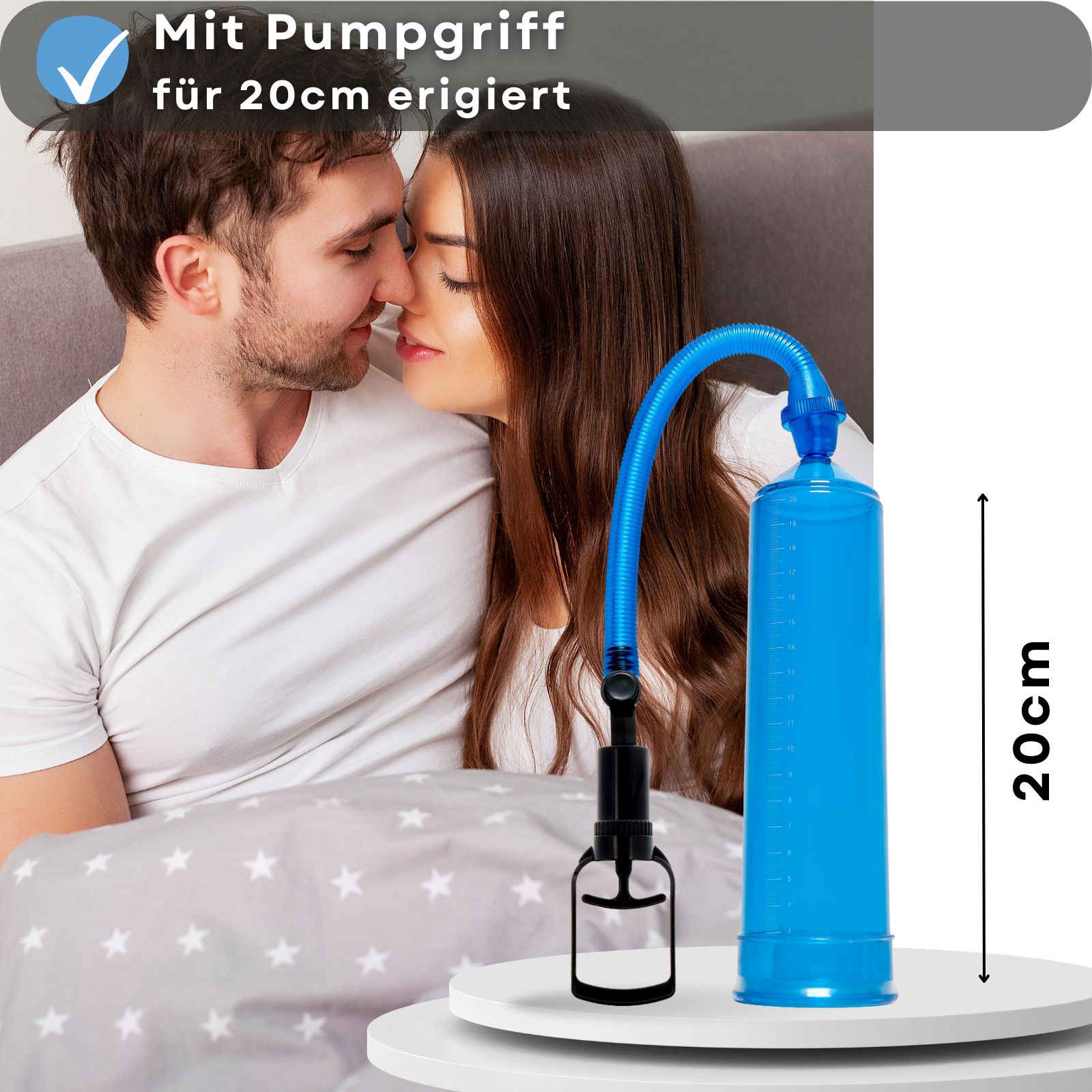 Blaue Penis-Pumpe mit Pumpgriff und Schlauch. ABS-Kunststoff. 20 cm erigiert.