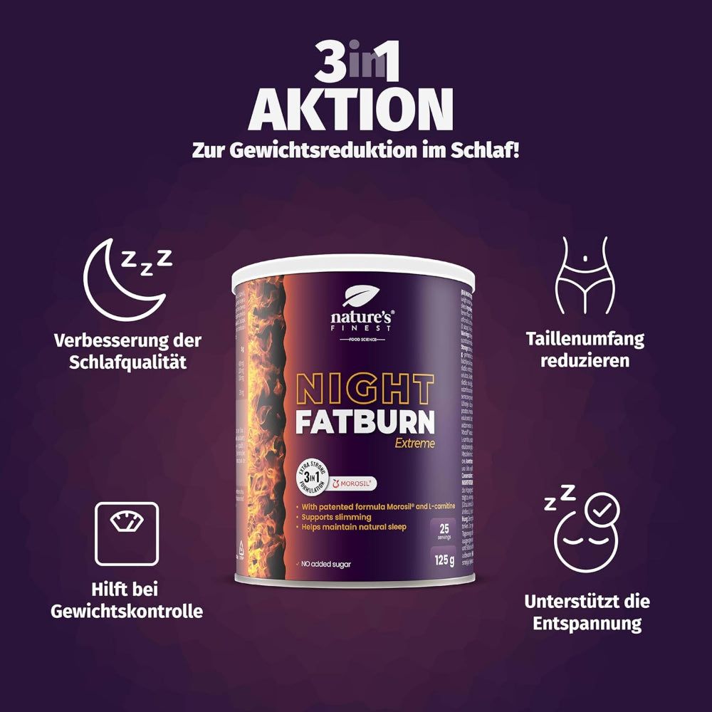 Nature's Finest Night Fatburn Dose mit Icons für Schlaf, Entspannung und Gewichtsreduktion.