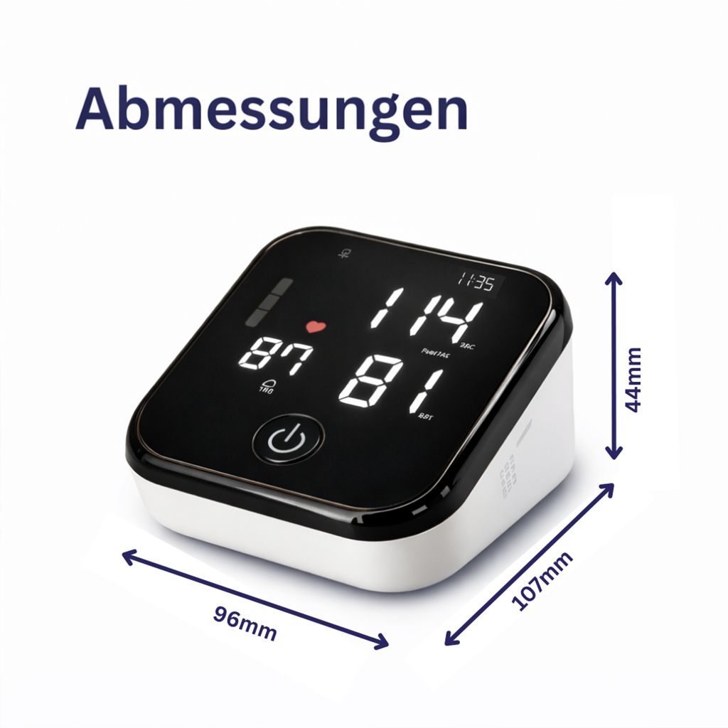 Blutdruckmessgerät mit schwarzem Display. Abmessungen: 96mm x 107mm x 44mm. Weißes Gehäuse.