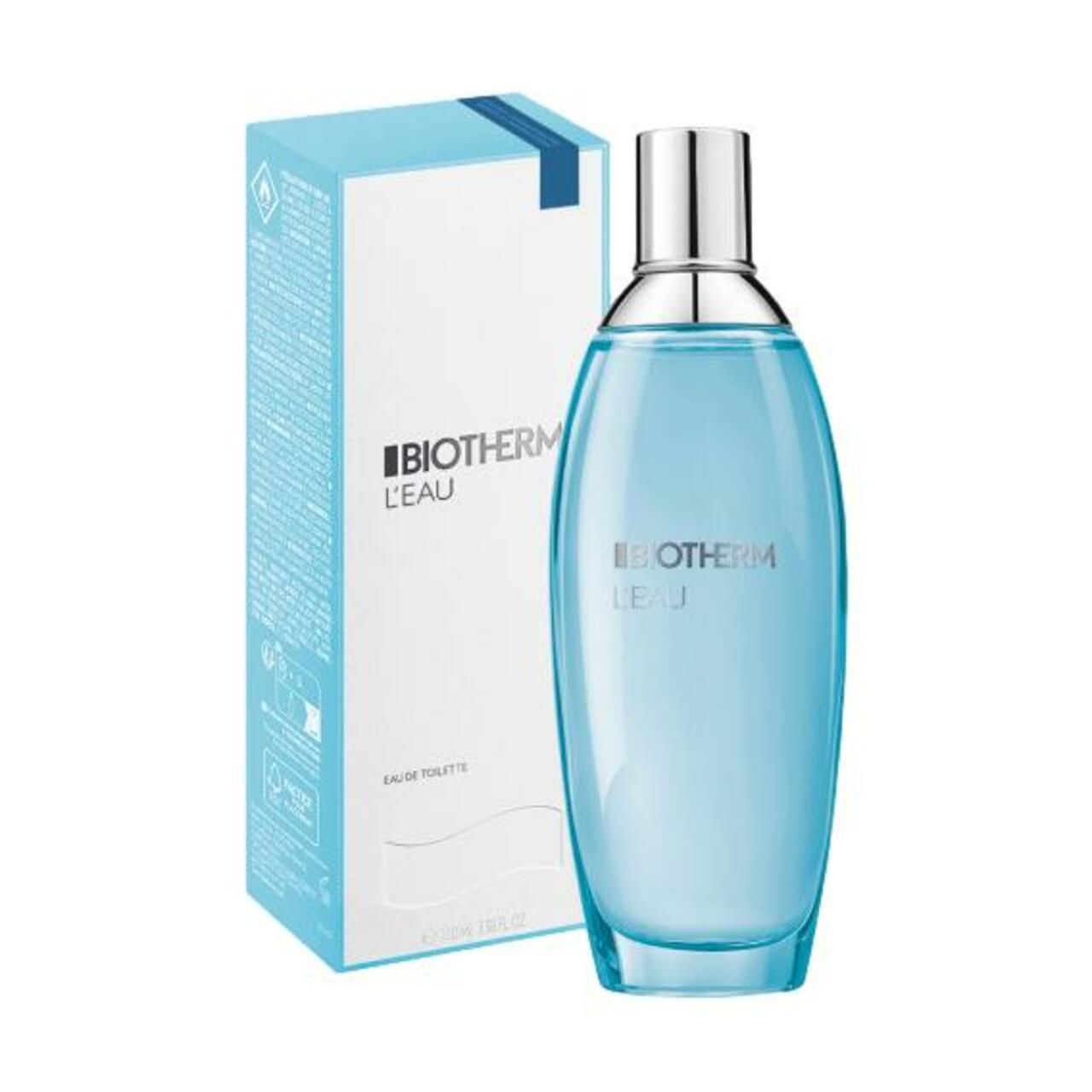 Blaues Flakon mit Verpackung. Aufschrift: BIOTHERM L'EAU. Verpackung mit Text.