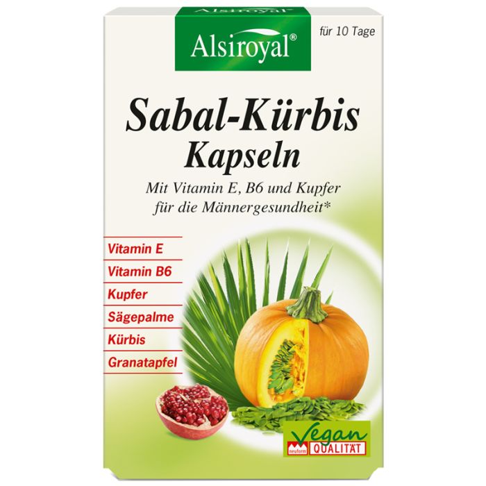 Verpackung von Alsiroyal Sabal-Kürbis Kapseln. Enthält Kürbis, Granatapfel und Sägepalme. Vegan-Qualität.