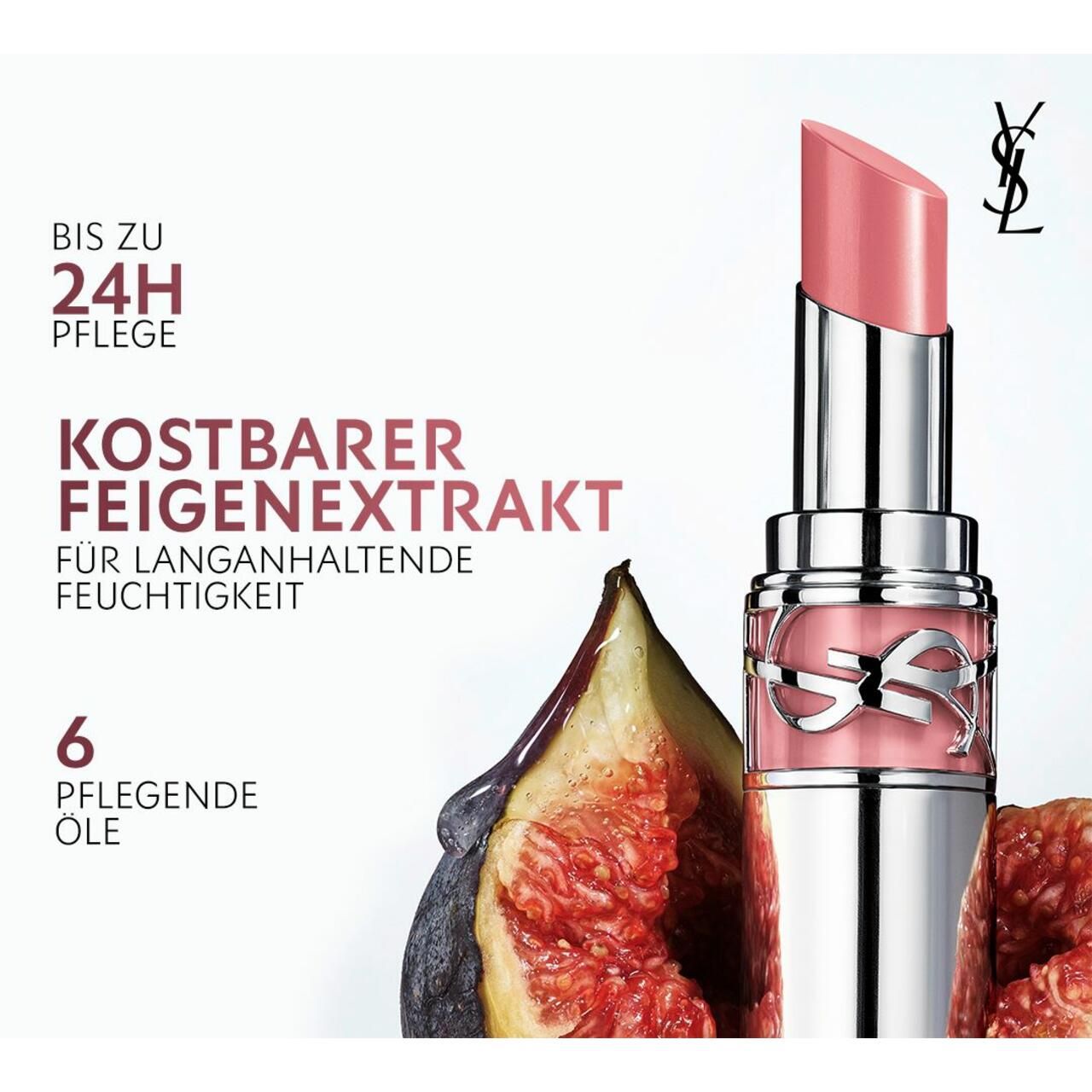 Lippenstift mit silberner Hülse und rosa Spitze. Text: Kostbarer Feigenextrakt, bis zu 24H Pflege.