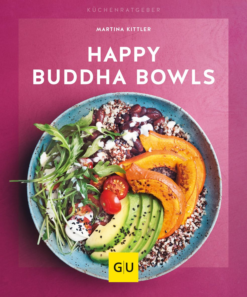 Buchcover mit dem Titel "Happy Buddha Bowls". Auf einem Teller sind Zutaten wie Avocado, Kürbis und Salat zu sehen. Das Logo "GU" ist sichtbar.
