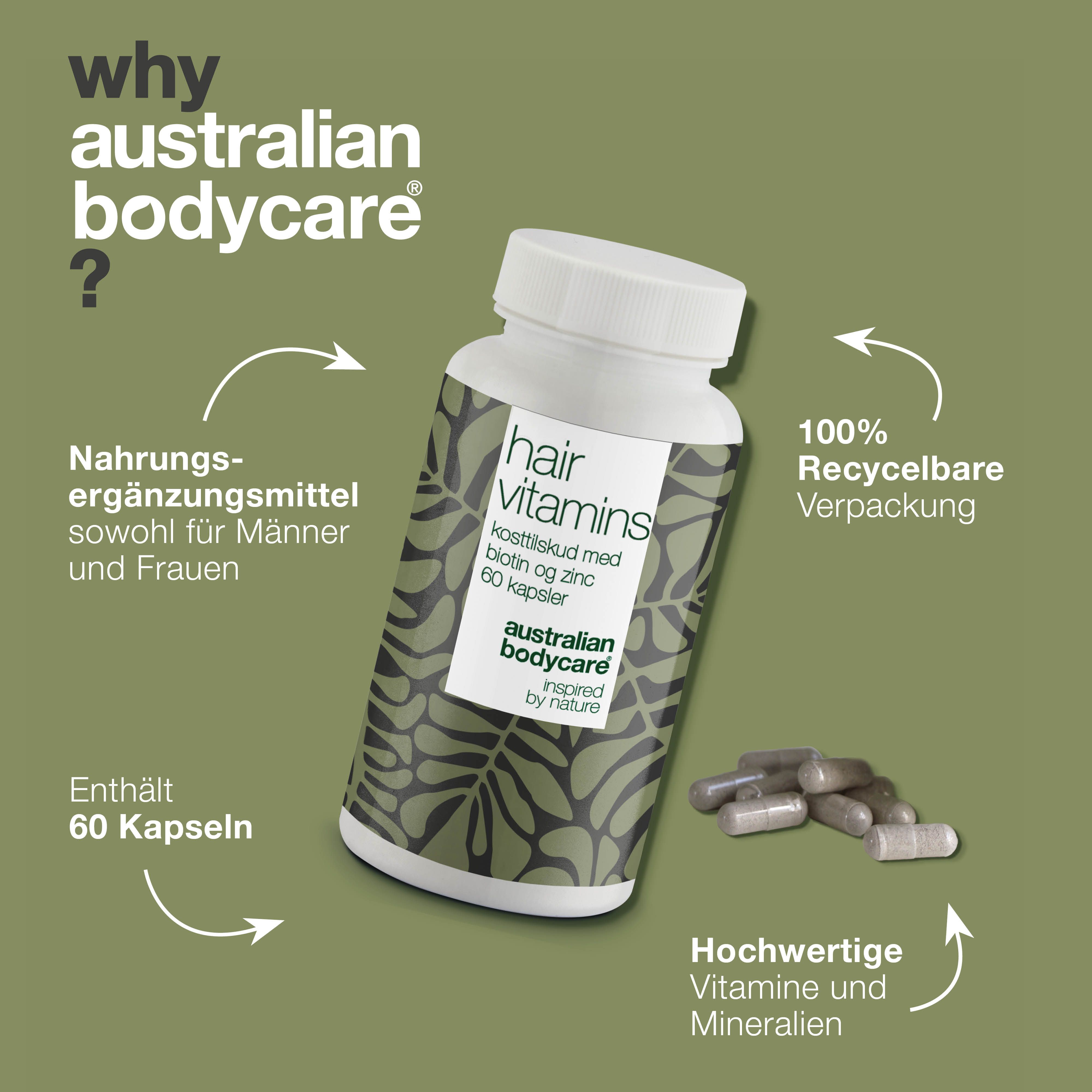 Produkt mit Text: Hair Vitamins, 60 Kapseln. Marke: Australian Bodycare. Text: Warum Australian Bodycare?