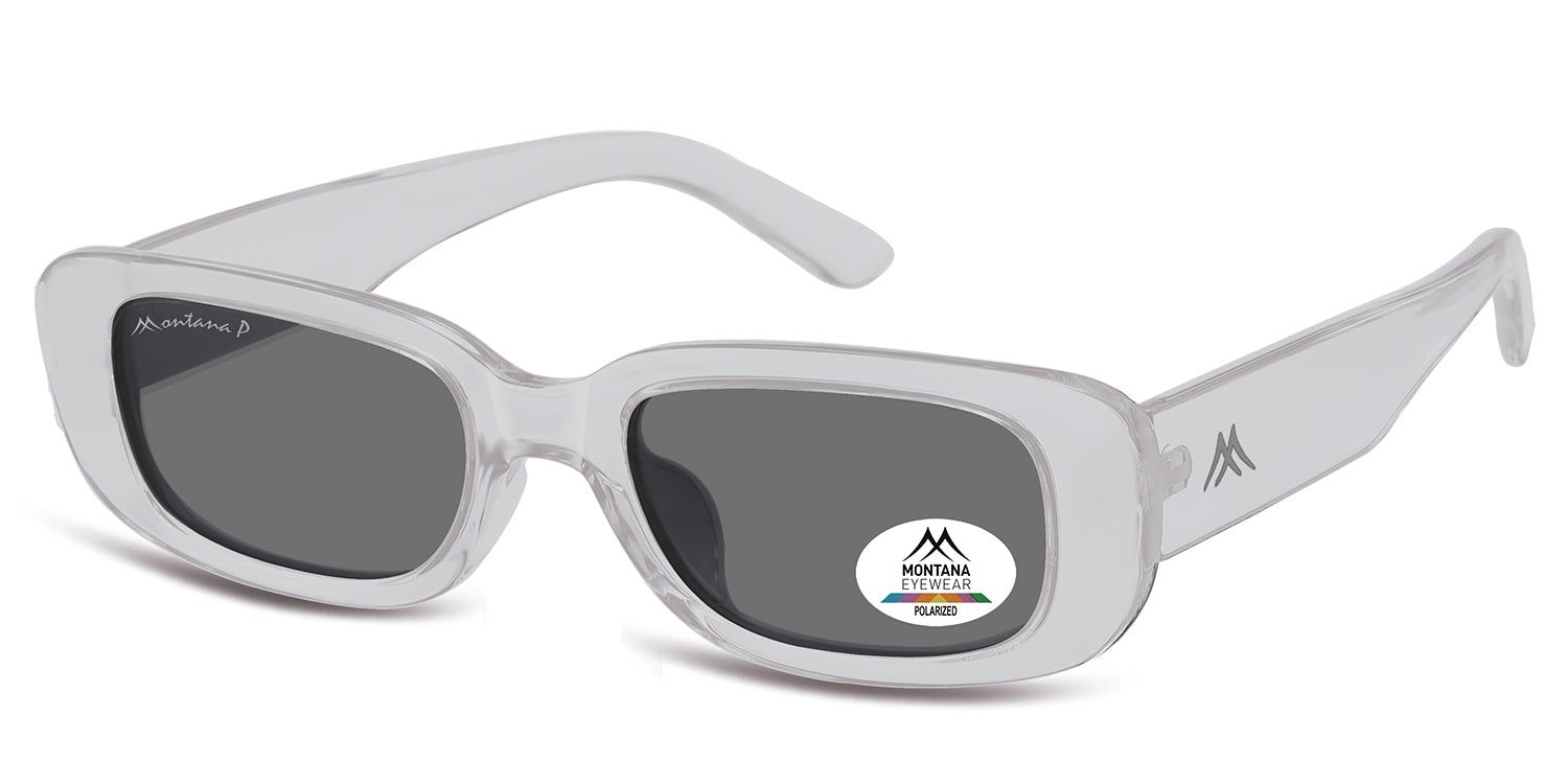 Sonnenbrille mit hellem Rahmen und grauen Gläsern. Auf einem Glas befindet sich ein Aufkleber mit Logo und Schriftzug.