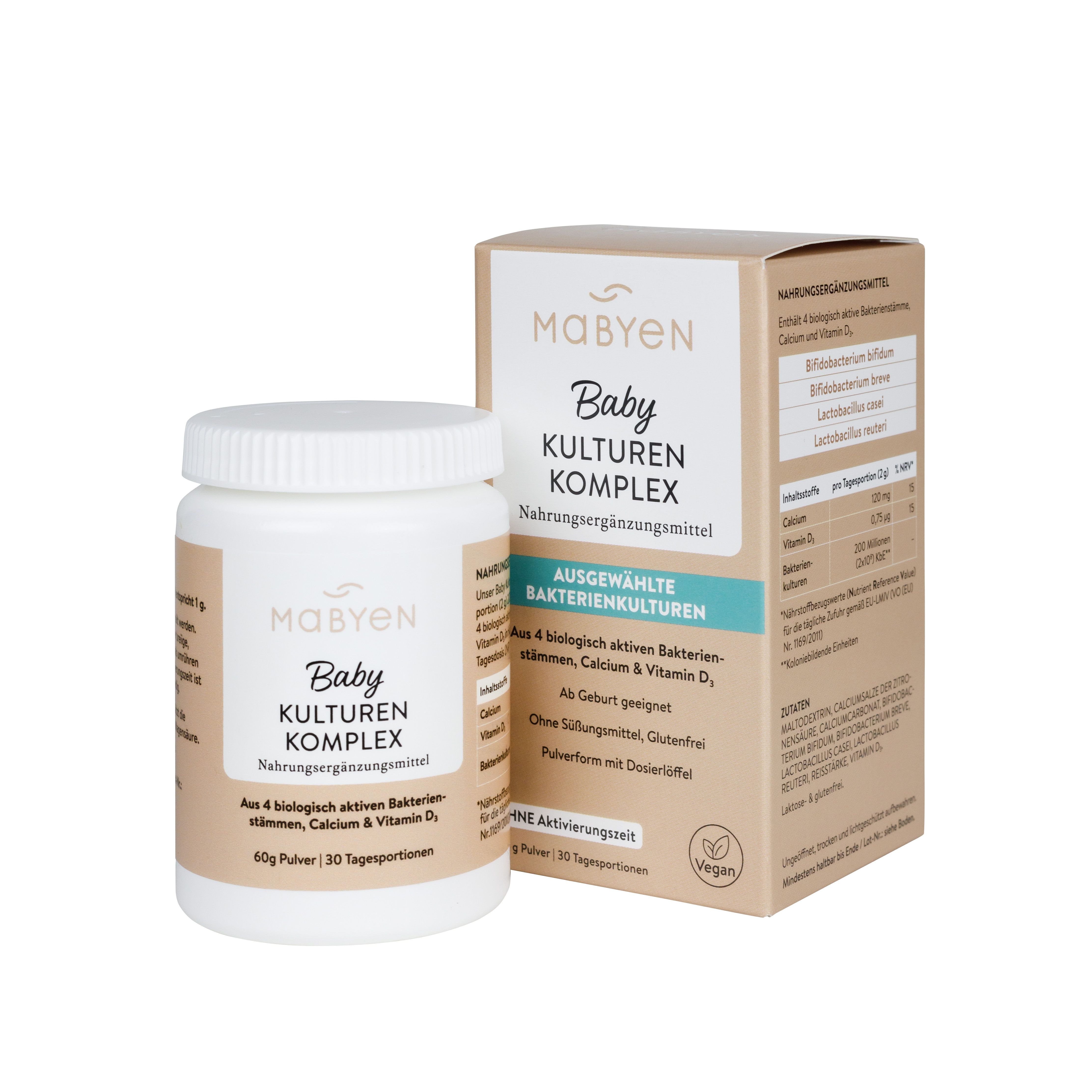 Weiße Dose und Karton mit Produktinformationen. Aufschrift: MABYEN Baby Kulturen Komplex. Vegan-Siegel.