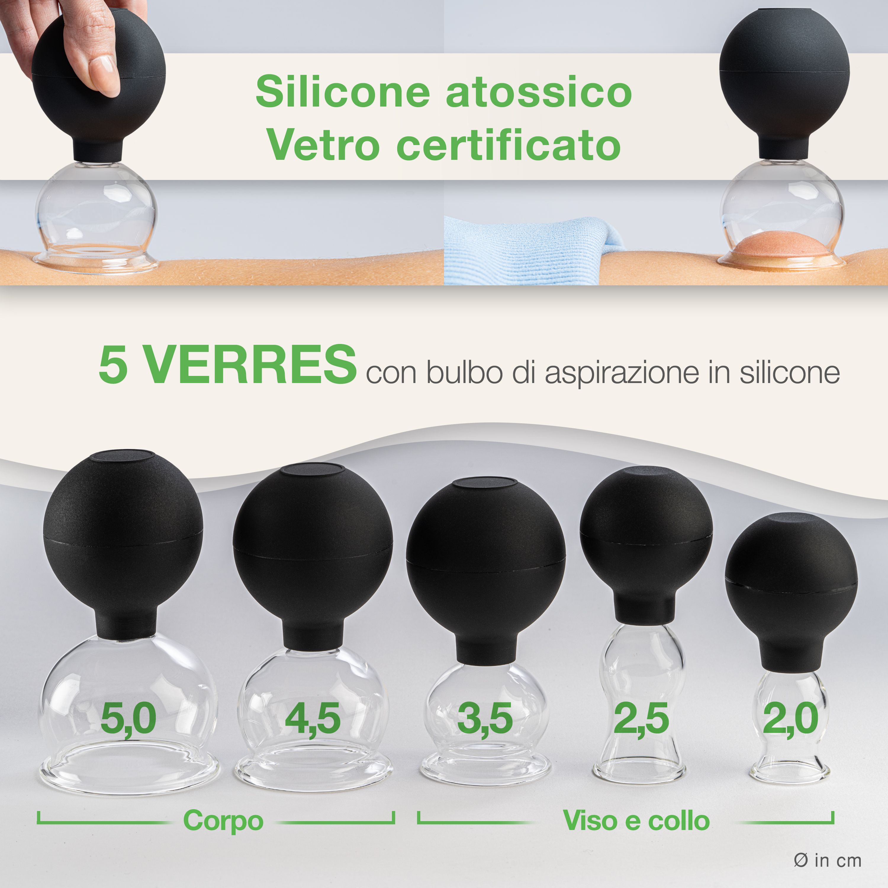 Cinque coppette con indicazioni di dimensioni. Sfere in gomma nera su vetri trasparenti. Testo: Silicone atossico e vetro certificato.