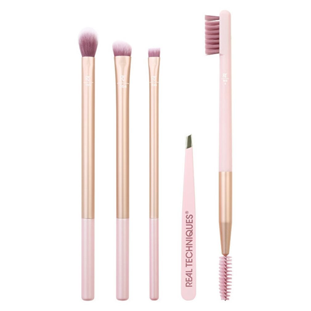 Set mit fünf Kosmetikpinseln und einer Pinzette. Pinsel mit rosa Griffen und goldenen Zwingen. Pinzette rosa. Auf weißem Hintergrund.