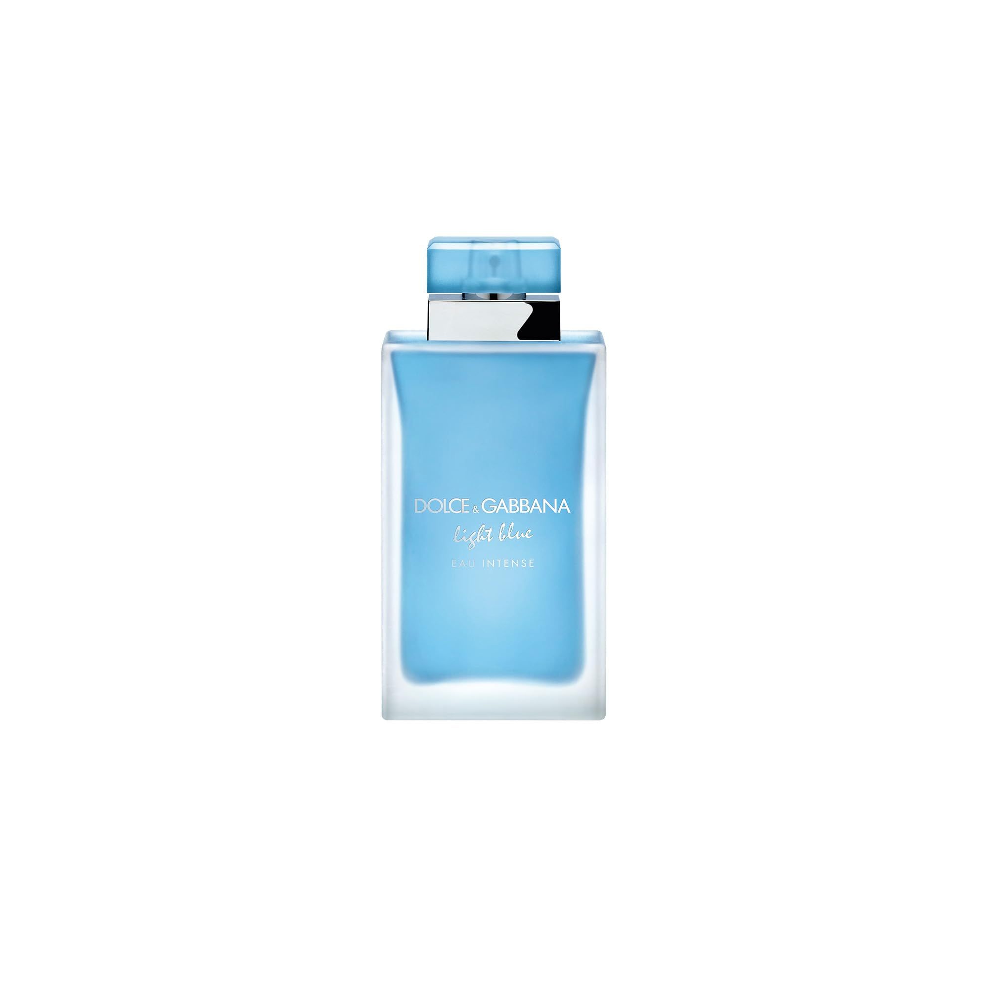 Hellblaues Parfümflakon mit silbernem Verschluss. Aufschrift: Dolce & Gabbana Light Blue Eau Intense.