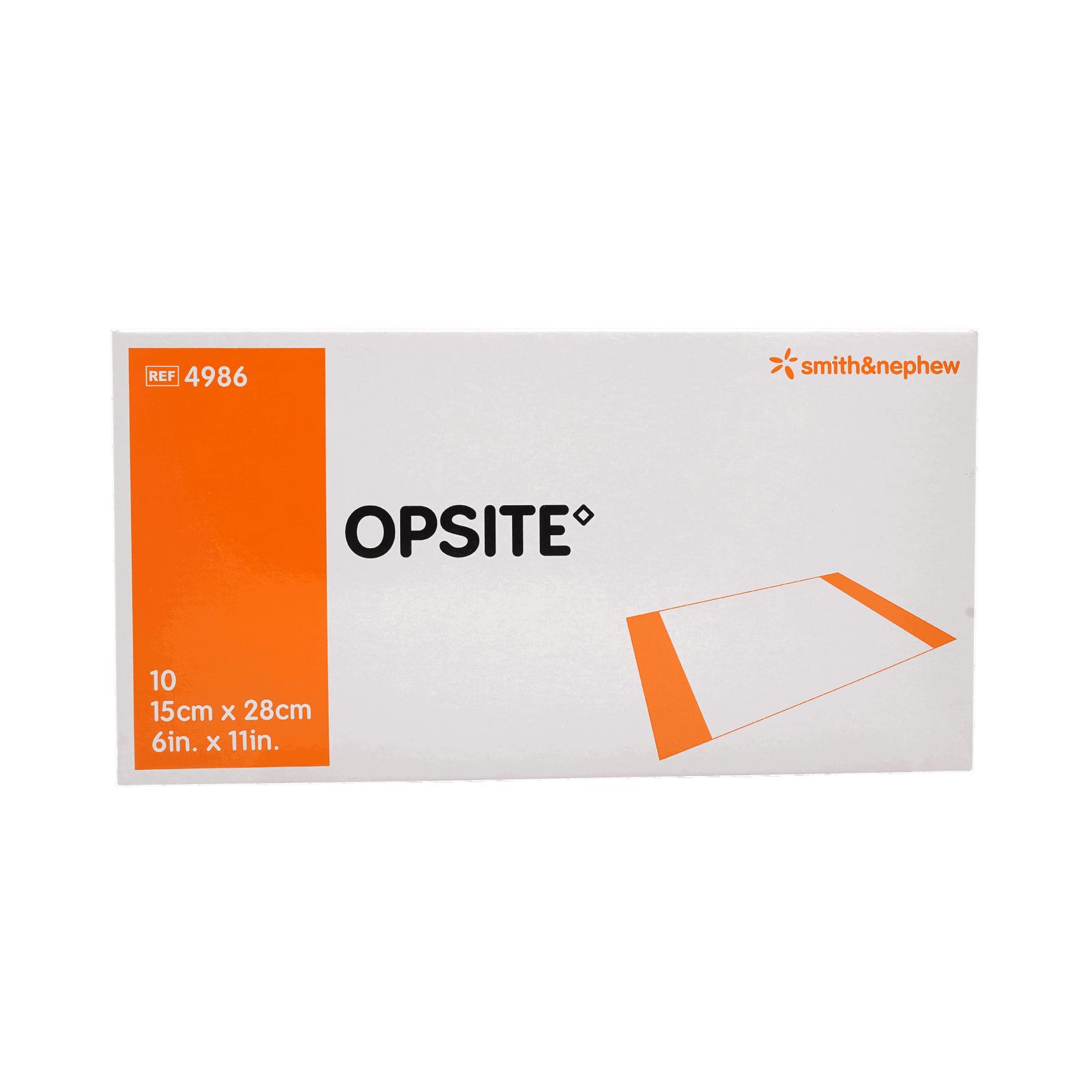 Verpackung von OPSITE Wundverband. Weiß, mit orangefarbenen Akzenten. Enthält 10 Verbände, 15x28 cm. Smith & Nephew Logo.