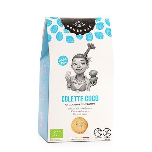 Verpackung mit Aufdruck. Oben steht "Generous". Darunter "Colette Coco". Abbildung einer Frau mit Keks. Glutenfrei-Siegel.