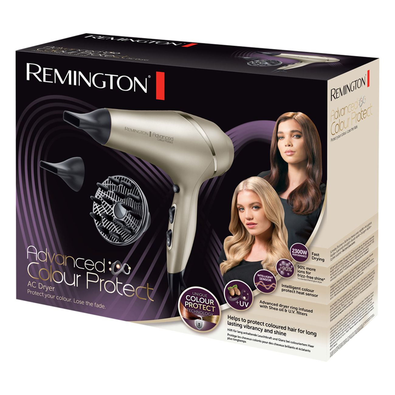 Produktverpackung. Haartrockner, Aufsätze, Frauenabbildungen. Marke, Modell und Produktmerkmale sichtbar.