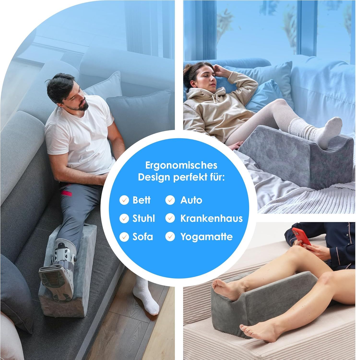 Venenkissen in verschiedenen Anwendungssituationen: Bett, Auto, Stuhl, Sofa, Yogamatte, Krankenhaus.