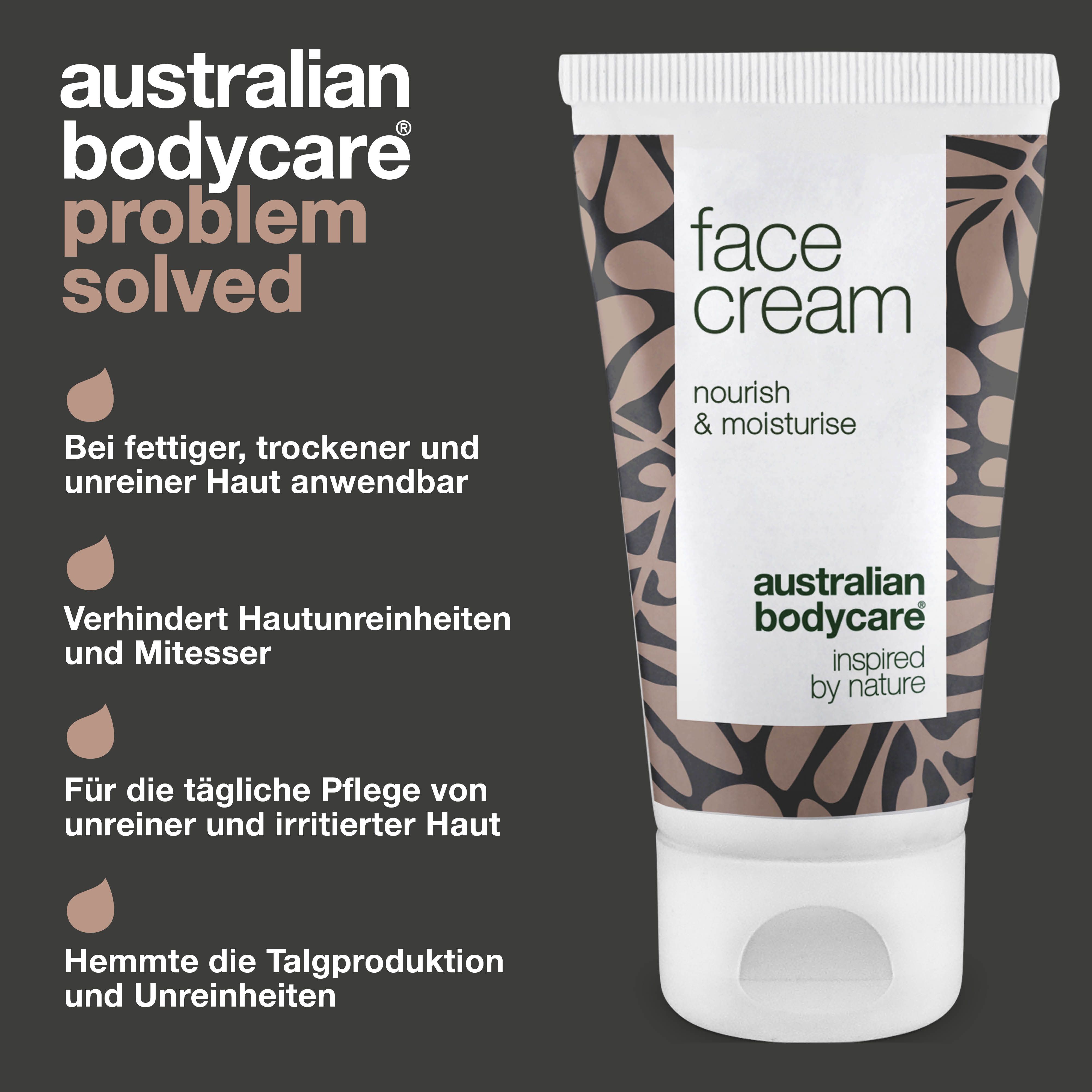 Tube mit Aufschrift: face cream. Marke: Australian Bodycare. Text: Problem gelöst. Creme daneben.