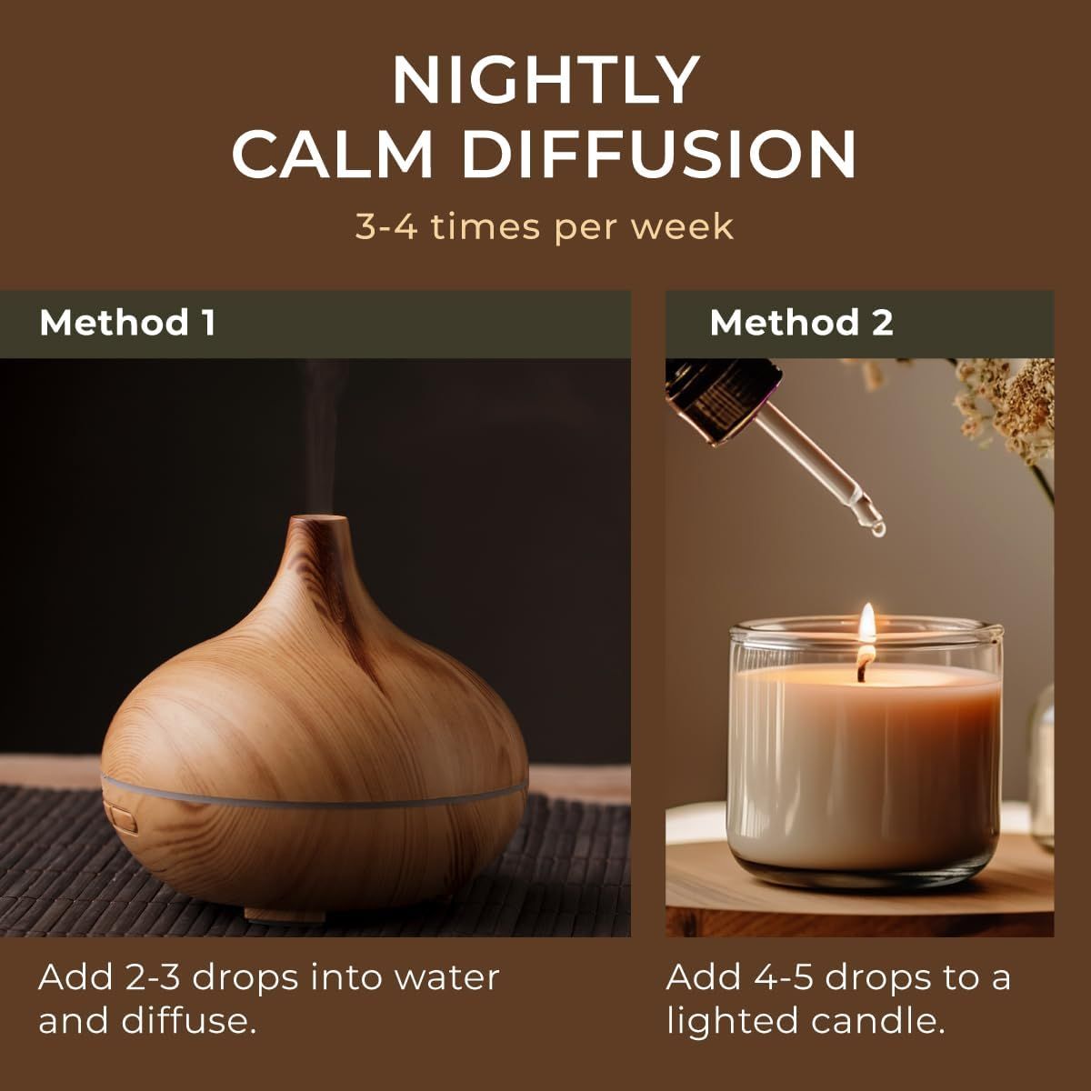 Holzfarbener Diffusor und Kerze mit Tropfen. Text: "Nightly Calm Diffusion", "Add 2-3 drops into water and diffuse", "Add 4-5 drops to a lighted candle".
