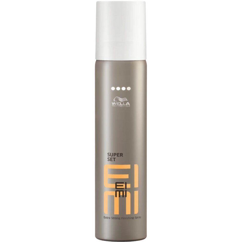 Wella EIMI Super Set Haarlack: Braune Dose mit weißem Deckel, gelber Schrift "EIMI SUPER SET".