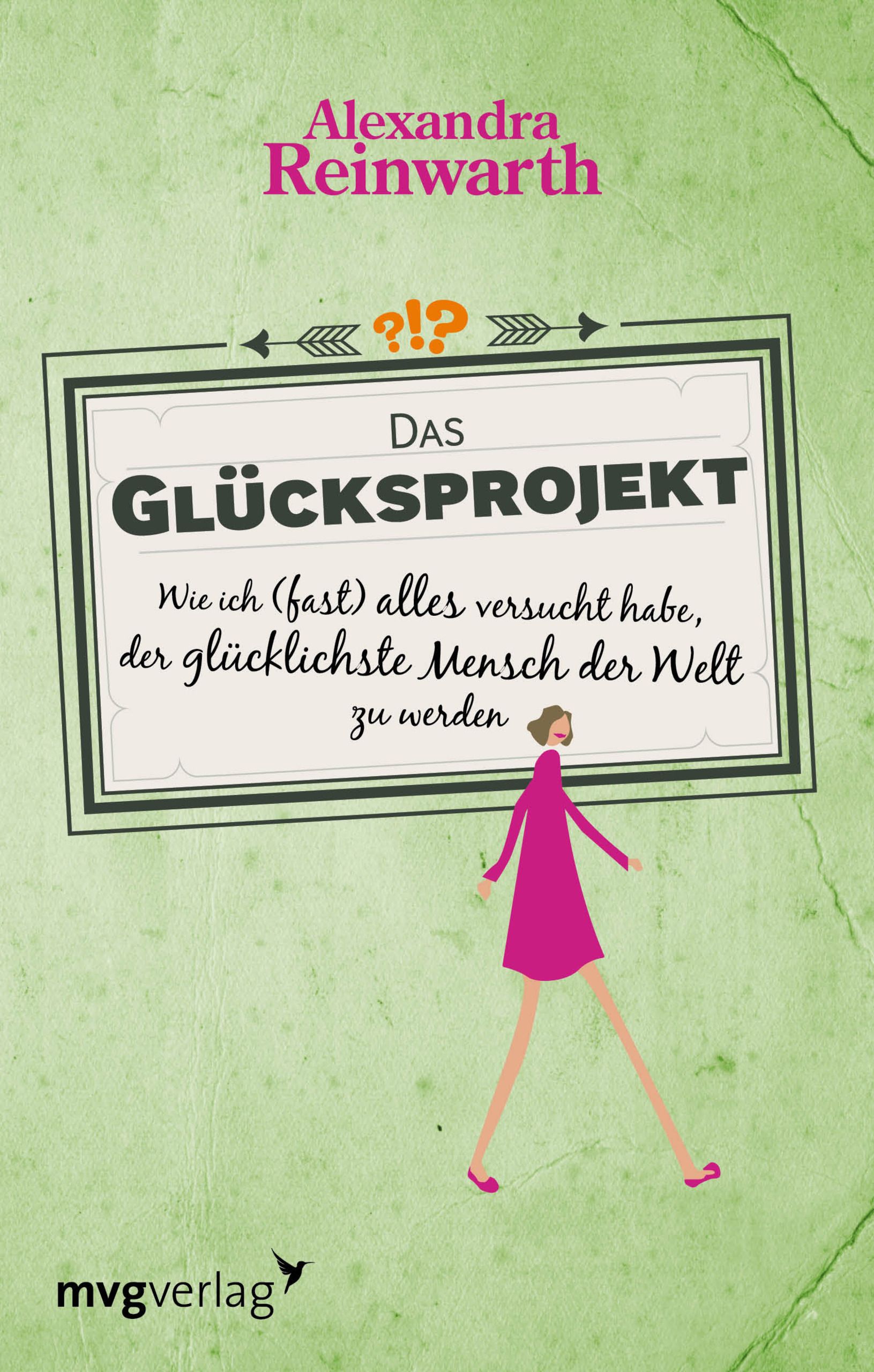Buchcover mit Titel "Das Glücksprojekt". Autorin: Alexandra Reinwarth. Illustration einer Frau in pinkfarbenem Kleid.