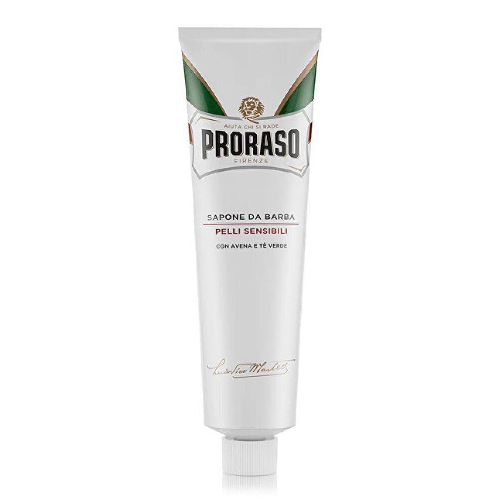 Proraso Rasiercreme Tube mit grün-weiß-rotem Streifenmuster.