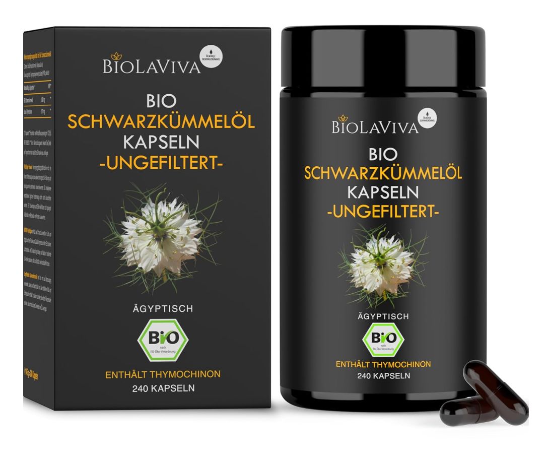Schwarze Kapseln und Verpackung. Aufschrift: BIOLAVIVA BIO-Schwarzkümmelöl Kapseln. Mit BIO-Siegel und 240 Kapseln. Schwarze Box.