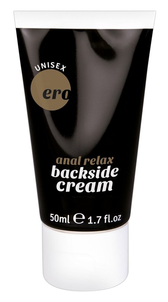 Schwarze Tube mit 'anal relax backside cream' und 'UNISEX'. Enthält 50ml.