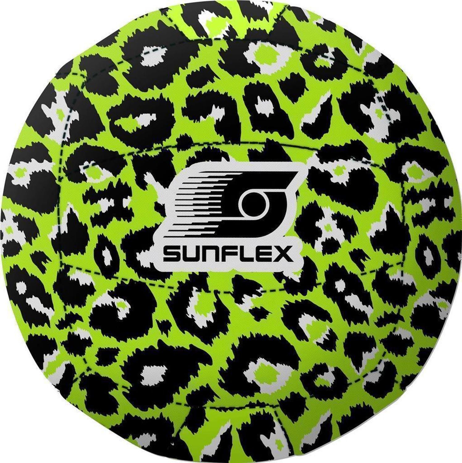 Runder Ball mit Leopardenmuster und Sunflex-Logo. Grün, schwarz und weiß. Detailansicht des Balls.