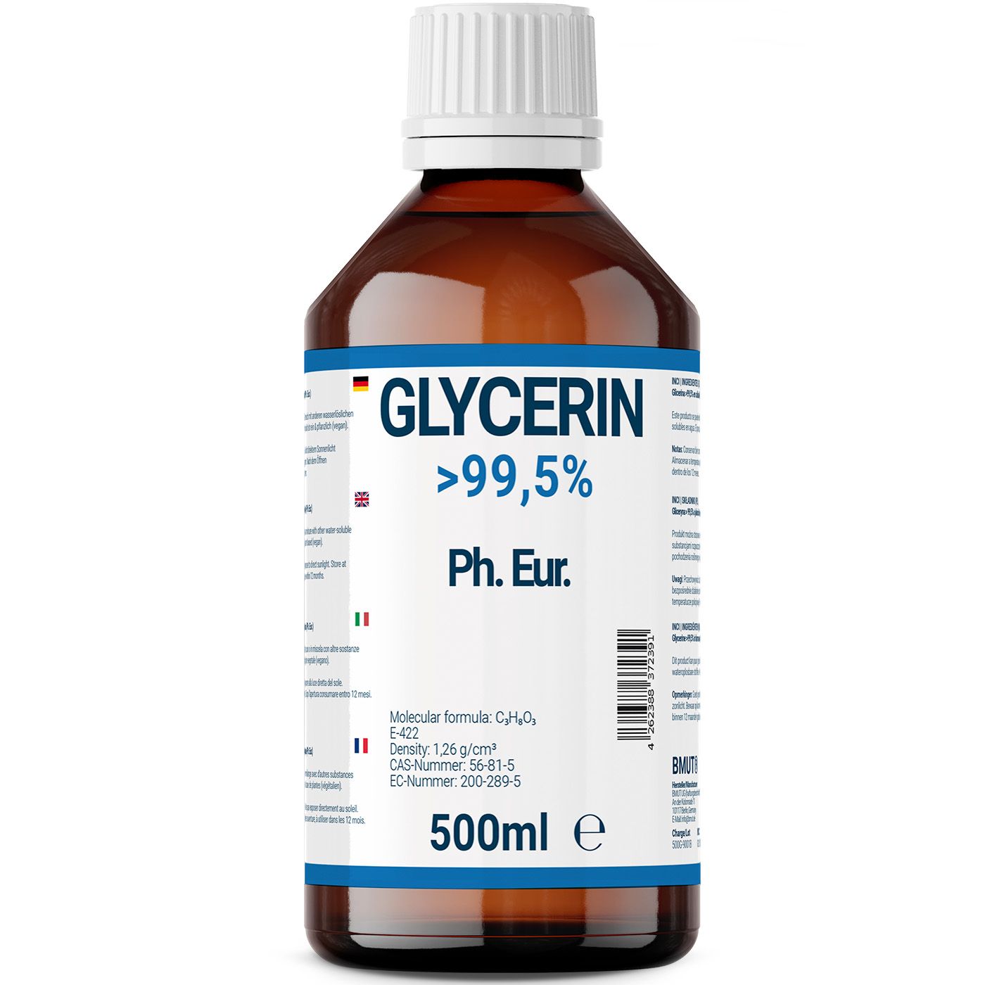 Braune Glasflasche mit weißem Deckel. Etikett mit „Glycerin >99,5% Ph. Eur.“ und weiteren Informationen. 500ml.