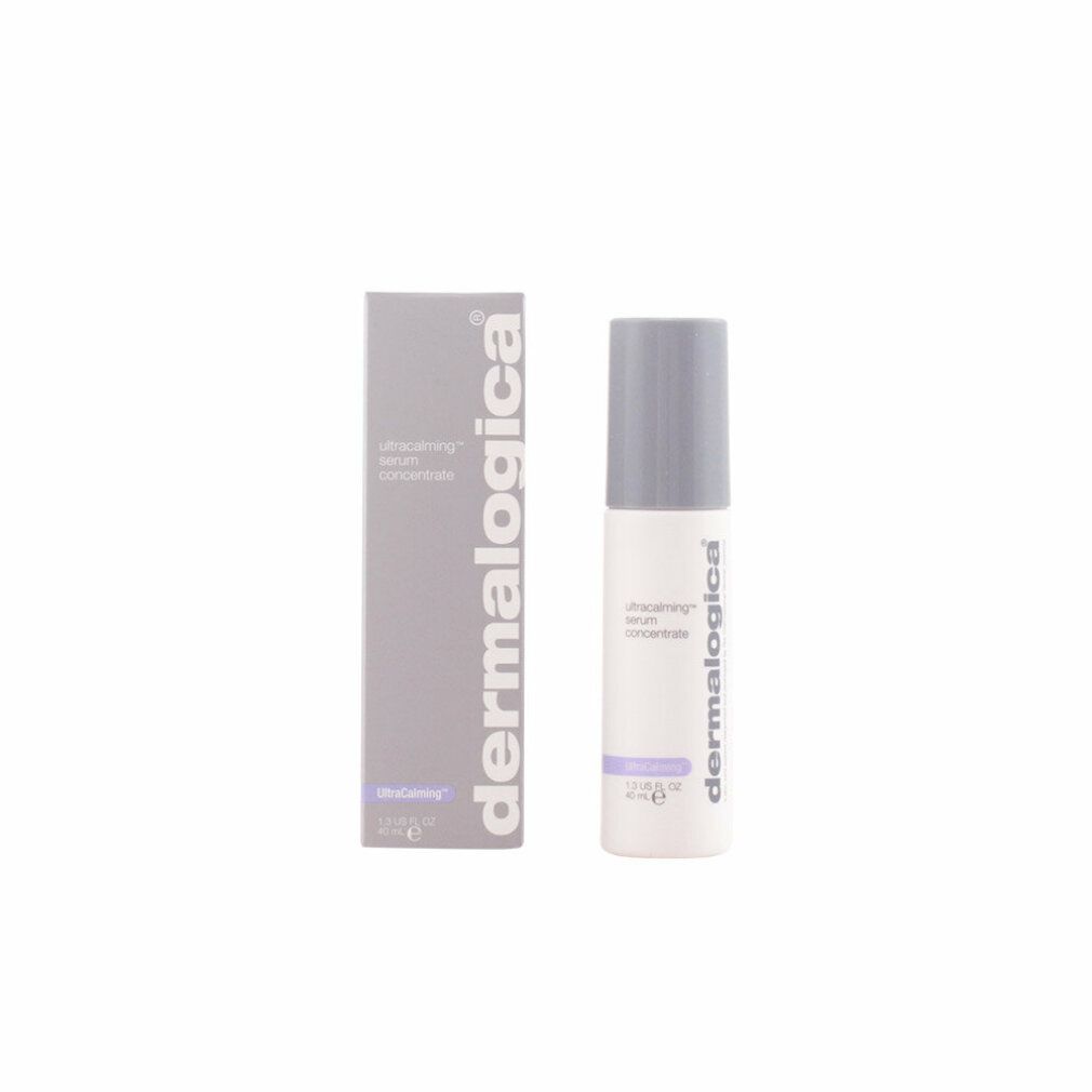 Produktflasche und Schachtel. Beschriftung: UltraCalming Serum Concentrate, Dermalogica. Graue Verpackung.