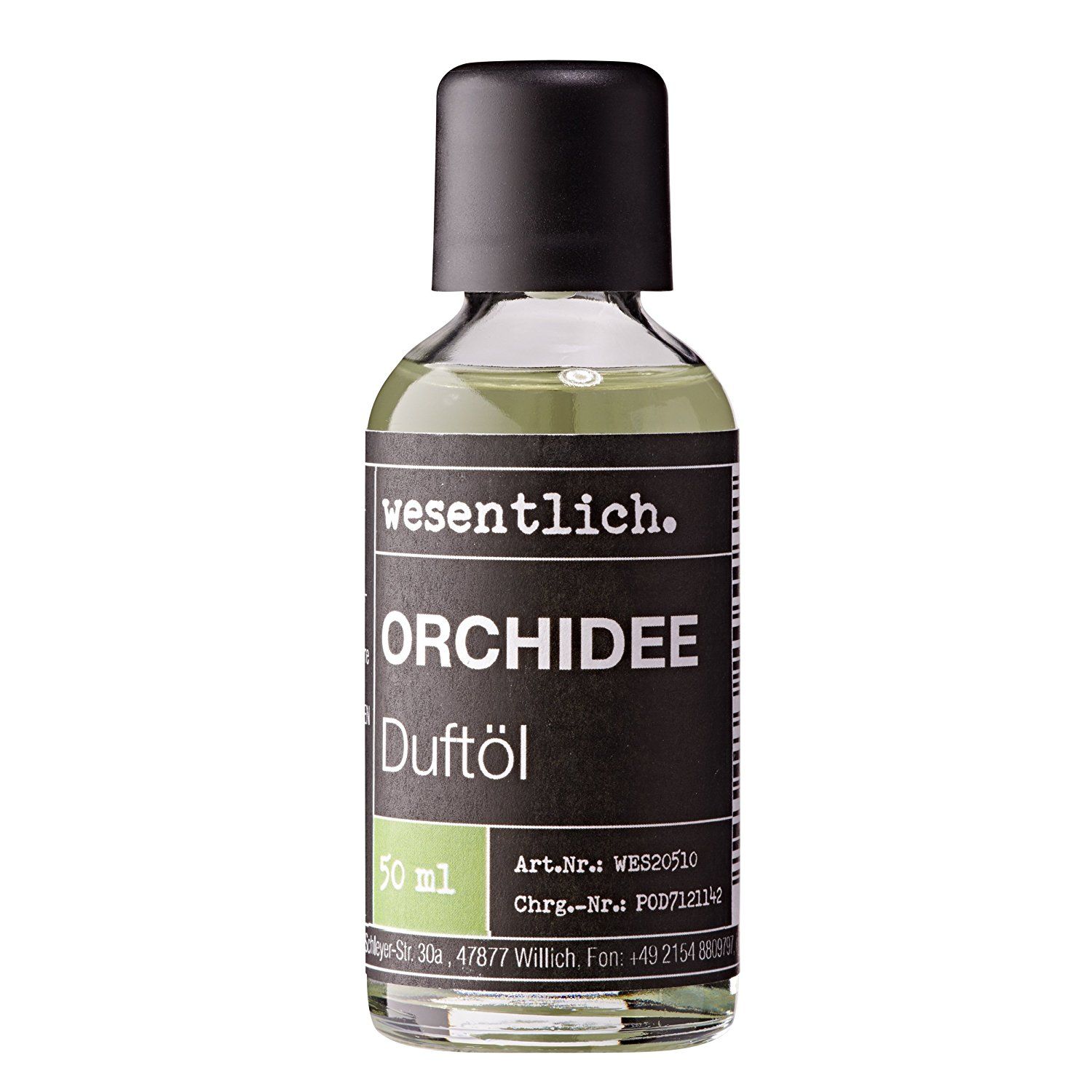 Klarflasche mit schwarzem Deckel. Etikett mit "wesentlich.", "ORCHIDEE Duftöl" und 50 ml.