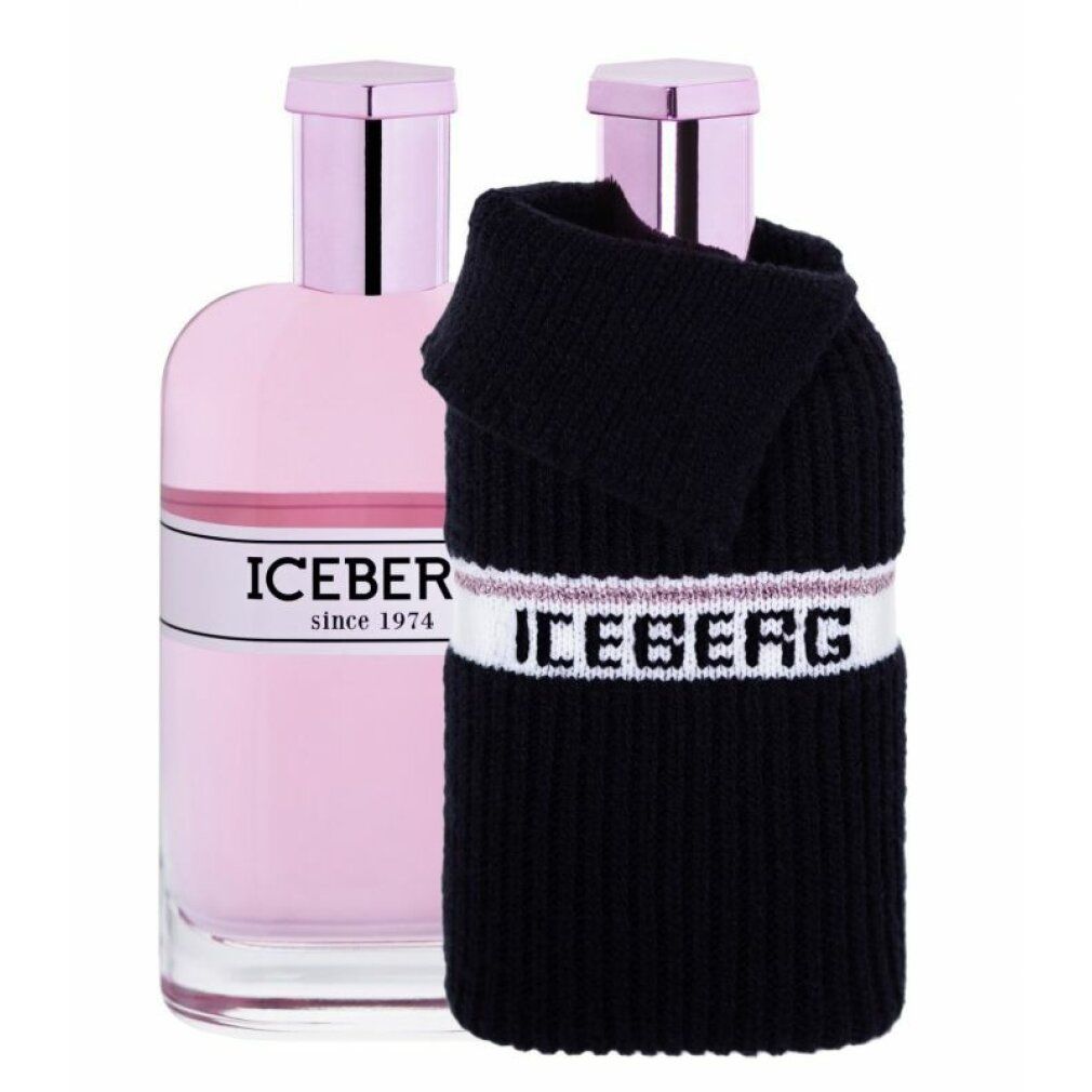 Zwei Parfümflaschen. Eine rosa, eine mit schwarzem Pullover. Aufschrift ICEBERG since 1974. Rosa und schwarze Verschlüsse.