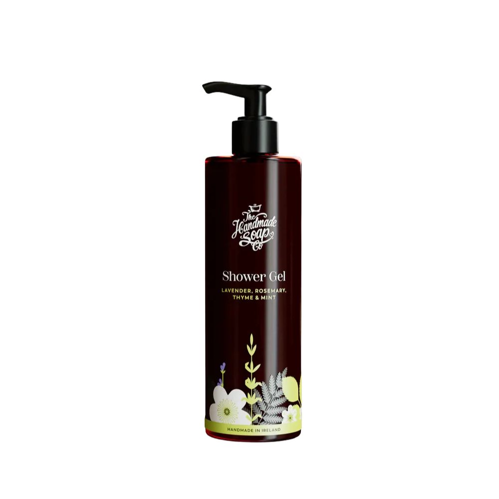 Braune Flasche mit schwarzem Pumpkopf. Aufschrift: Shower Gel, Lavendel, Rosmarin, Thymian & Minze. Floral-Dekor.