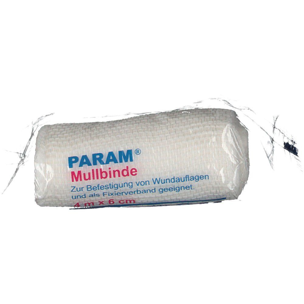 PARAM Mullbinde in Cellophanverpackung. Weiße Mullbinde, 4 m x 6 cm. Text in Deutsch: Zur Befestigung von Wundauflagen.