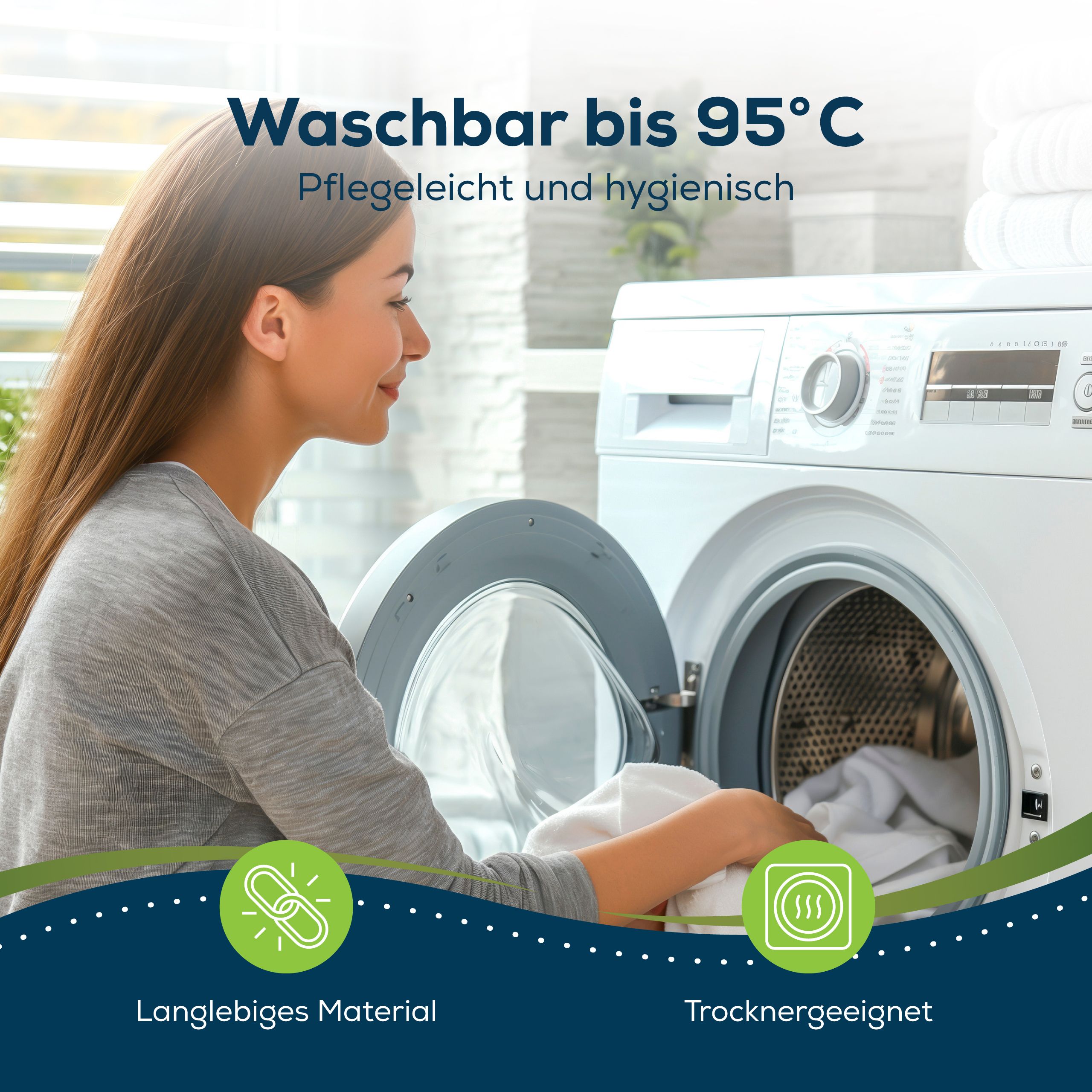 Frau legt Kissenbezug in Waschmaschine. Waschbar bis 95°C. Langlebiges Material, trocknergeeignet.
