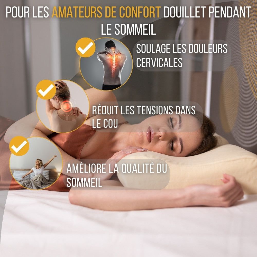 Femme dormant sur un coussin ergonomique beige. Texte : POUR LES AMATEURS DE CONFORT.