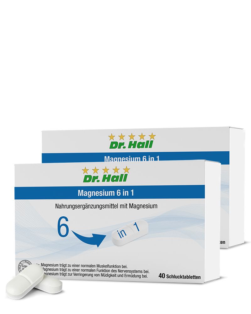 Zwei Schachteln Dr. Hall Magnesium 6 in 1. Weiße Tabletten liegen davor. Aufschrift: Nahrungsergänzungsmittel mit Magnesium, 40 Tabletten.