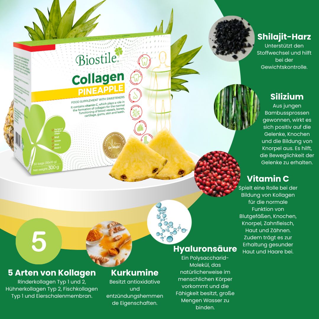 Packung Biostile Collagen Pineapple mit Zutaten-Illustrationen: Shilajit, Silizium, Vitamin C, Hyaluronsäure, 5 Kollagenarten.