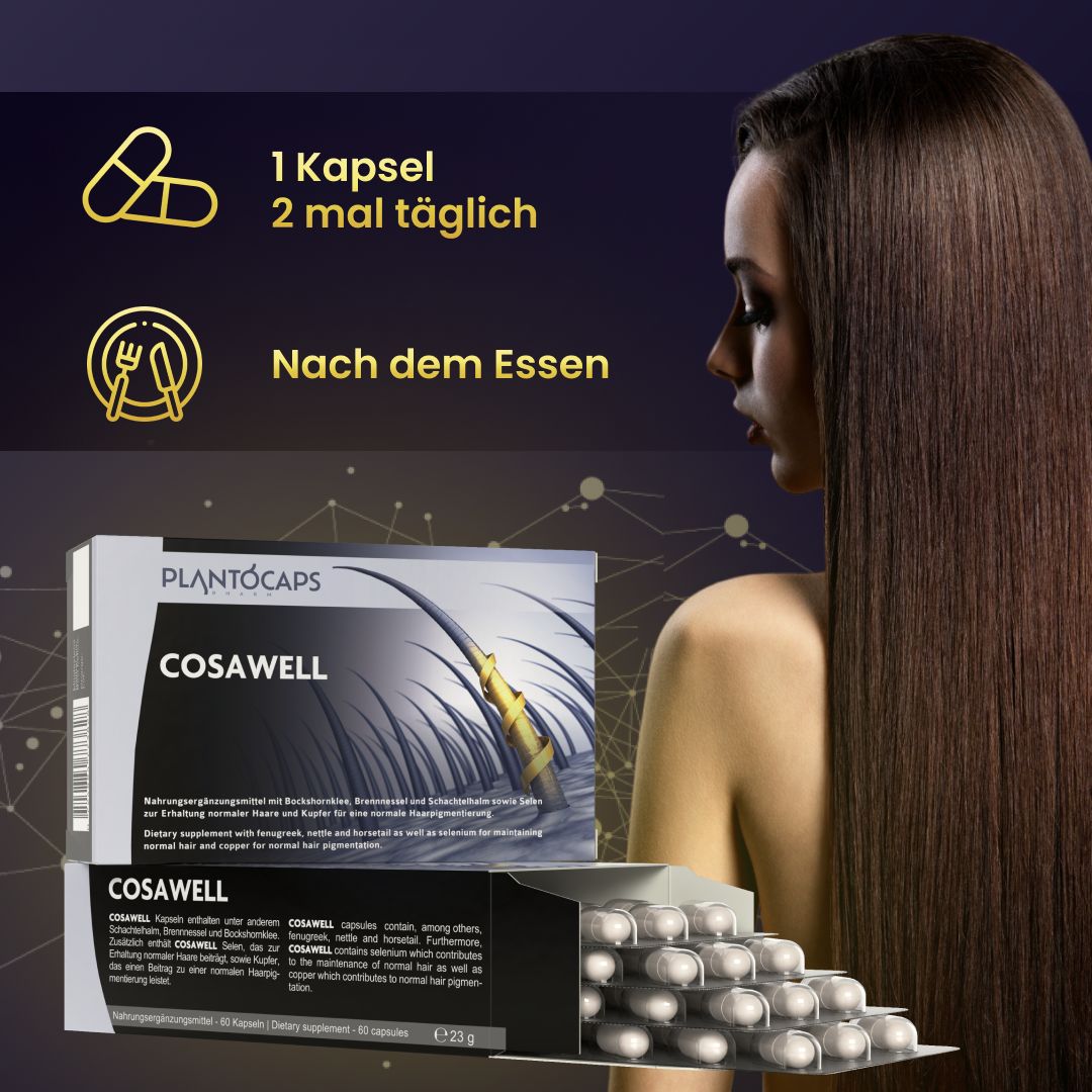 COSAWELL Kapseln in Faltschachtel mit Abbildung von Haarwurzeln und Einnahmehinweisen.